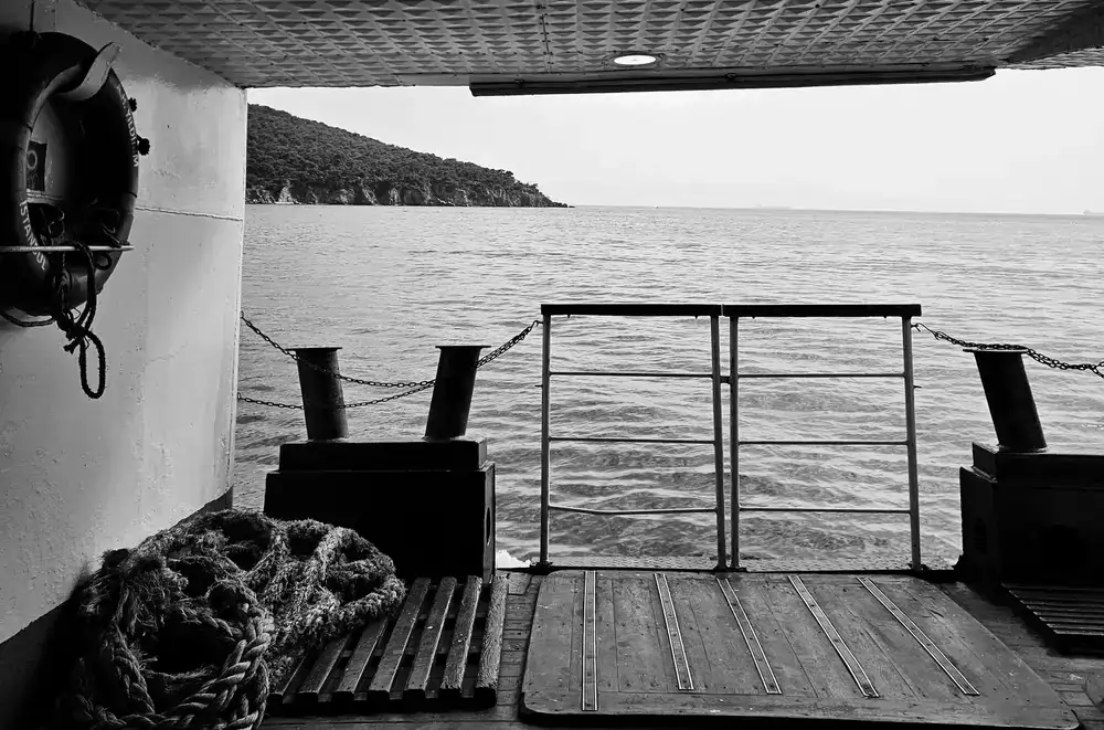 Deck of the charter boat looking out to sea
